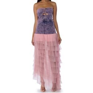 Strapless Denim Corset Tulle Ruffle Maxi Dress Medium Y2K Fairy Grunge Festival